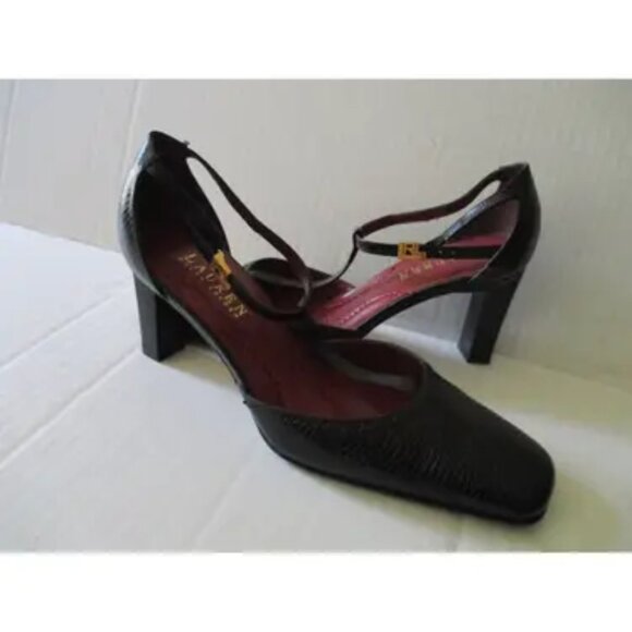 Ralph Lauren Black Leather T-Strap Heels Logo Buckles - Picture 2 of 7